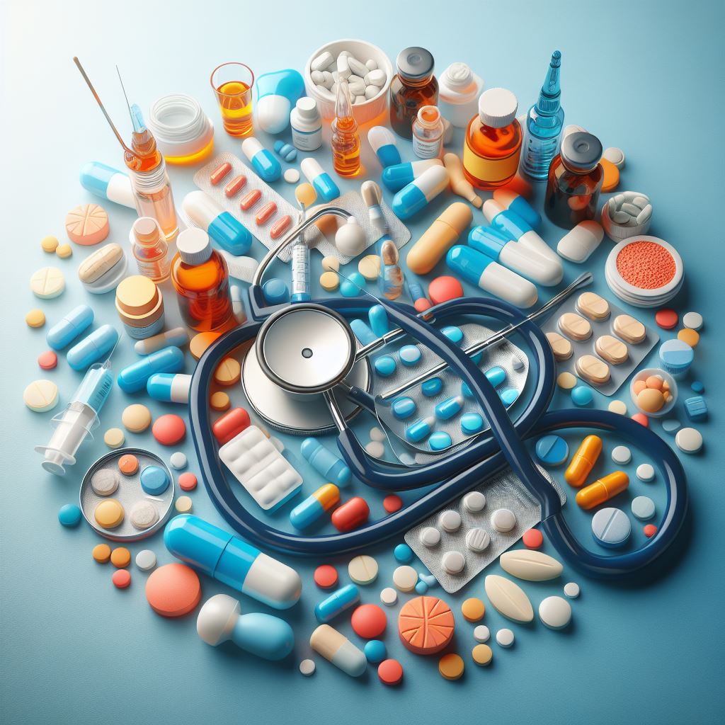 medicines along with a stethoscope.