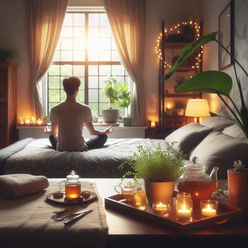 a person meditating on bed