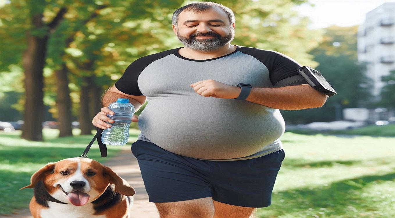 an obese person jogging with his dog