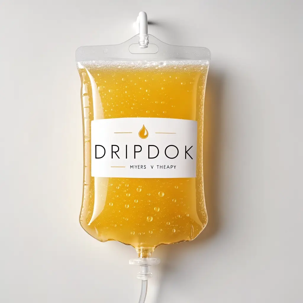 Myers IV drip bag with DRIPDOK branding - Golden yellow vitamin micronutrient cocktail Bali