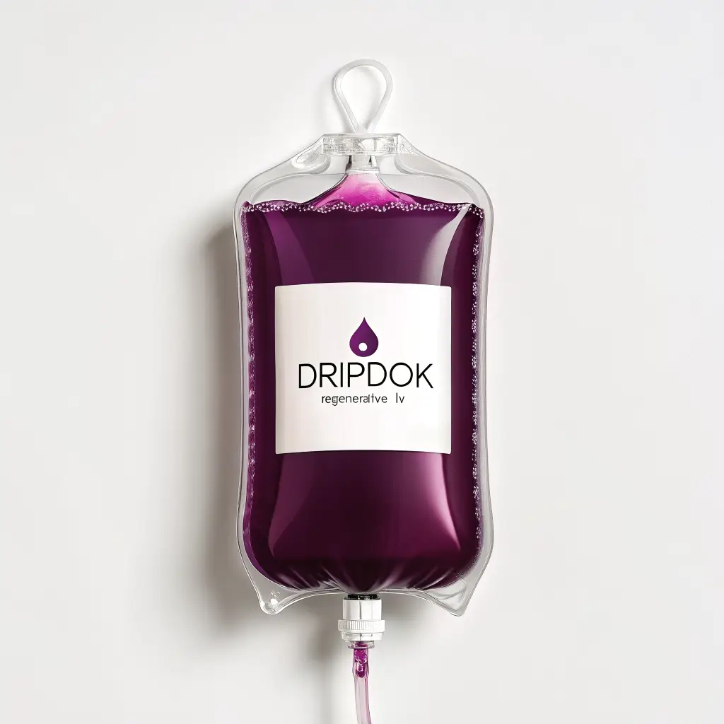 Regenerative IV drip bag with DRIPDOK branding - Deep purple clinical stacks therapy Bali